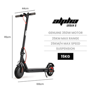 ALPHA Urban 8 Electric Scooter | 25km Range, 8.5-Inch Wheels, Brushless Motor, Motorised Commuter eScooter for Adults, Black