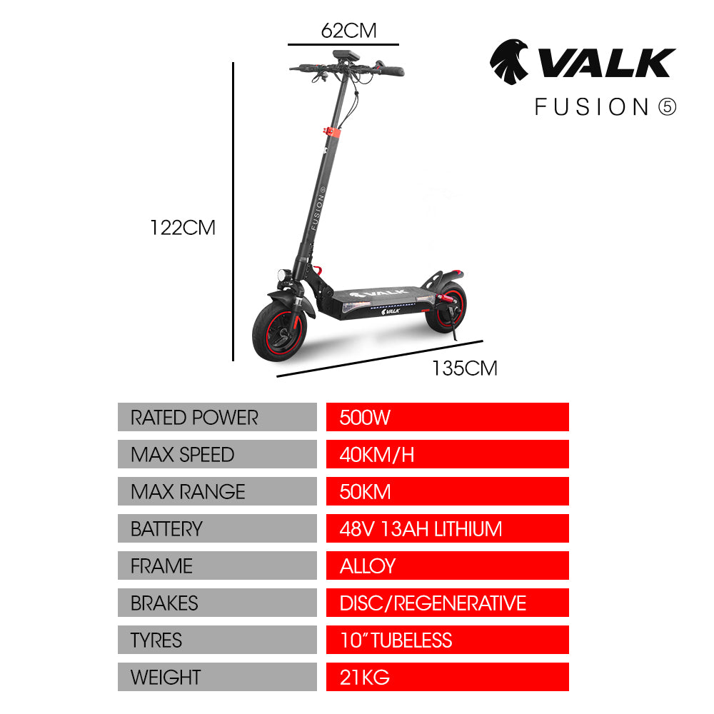 VALK Fusion 5 | Electric Scooter | 500W | 48V 13Ah Lithium | 50km Range | 40km/h | Quad Shocks | 10 Inch Tyres