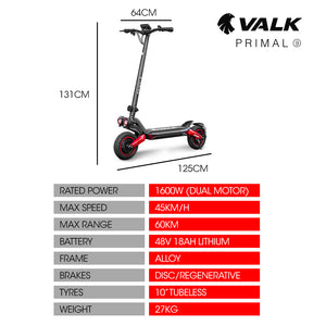 VALK Primal 9 | Dual Motor | 1600W Extreme Hill Climbing Electric Scooter | Black/Red