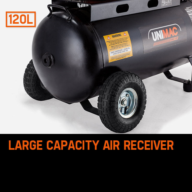 UNIMAC Petrol Air Compressor | 8HP | 115PSI | 120L Tank | Industrial Use