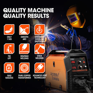 Rossi 200A Multi-Purpose Welder | MIG/MAG/MMA/ARC/TIG | Flux/Solid Wire | CO2 or Argon Gas Compatible