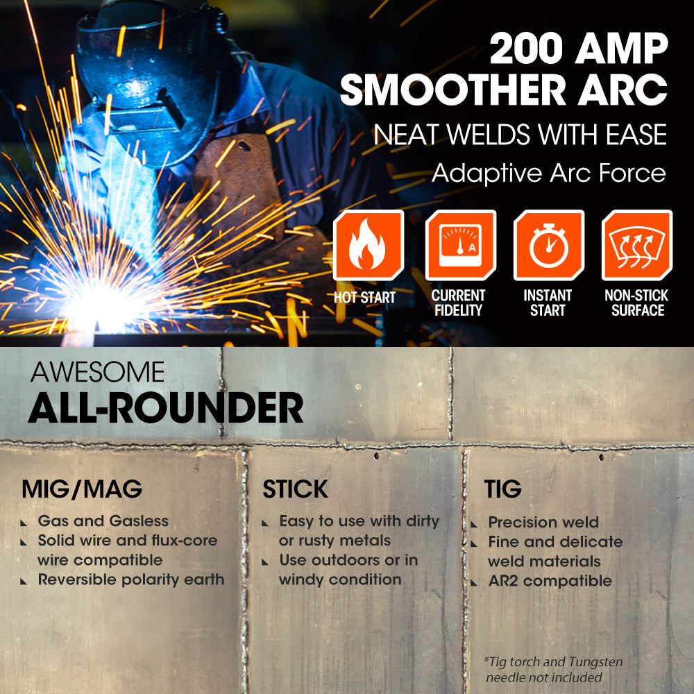 Rossi 200A Multi-Purpose Welder | MIG/MAG/MMA/ARC/TIG | Flux/Solid Wire | CO2 or Argon Gas Compatible
