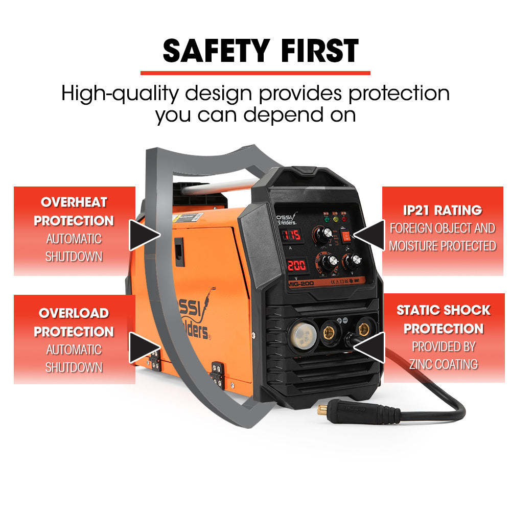 Rossi 200A Multi-Purpose Welder | MIG/MAG/MMA/ARC/TIG | Flux/Solid Wire | CO2 or Argon Gas Compatible