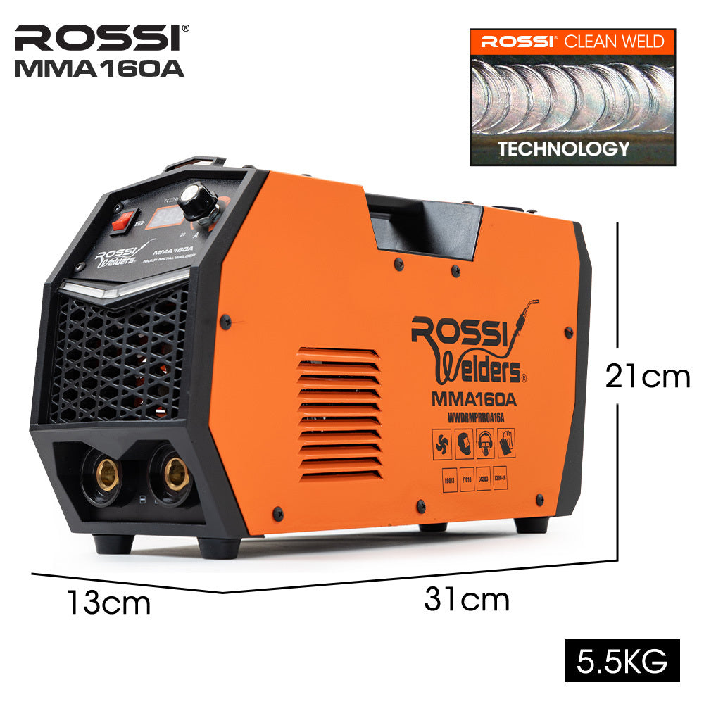 Rossi 160A Inverter Stick Welder | MMA ARC DC Multi-Metal Gasless Welding Machine | For Stainless Steel & Aluminium | 15A Plug