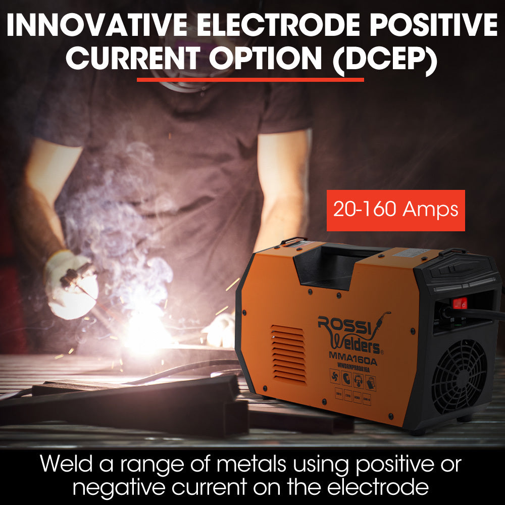 Rossi 160A Inverter Stick Welder | MMA ARC DC Multi-Metal Gasless Welding Machine | For Stainless Steel & Aluminium | 15A Plug