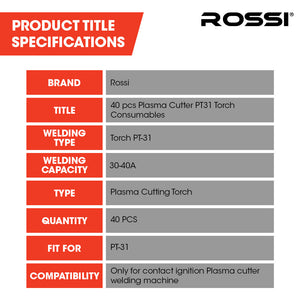 Rossi 40pc Plasma Cutter Consumables Kit | Fits PT-31 Torch | Includes Tips, Nozzles & Gas Rings