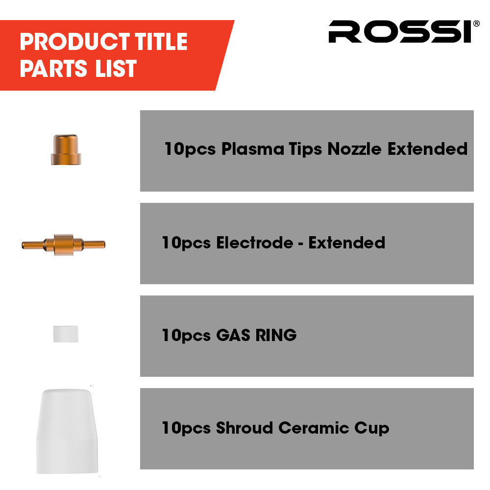 Rossi 40pc Plasma Cutter Consumables Kit | Fits PT-31 Torch | Includes Tips, Nozzles & Gas Rings