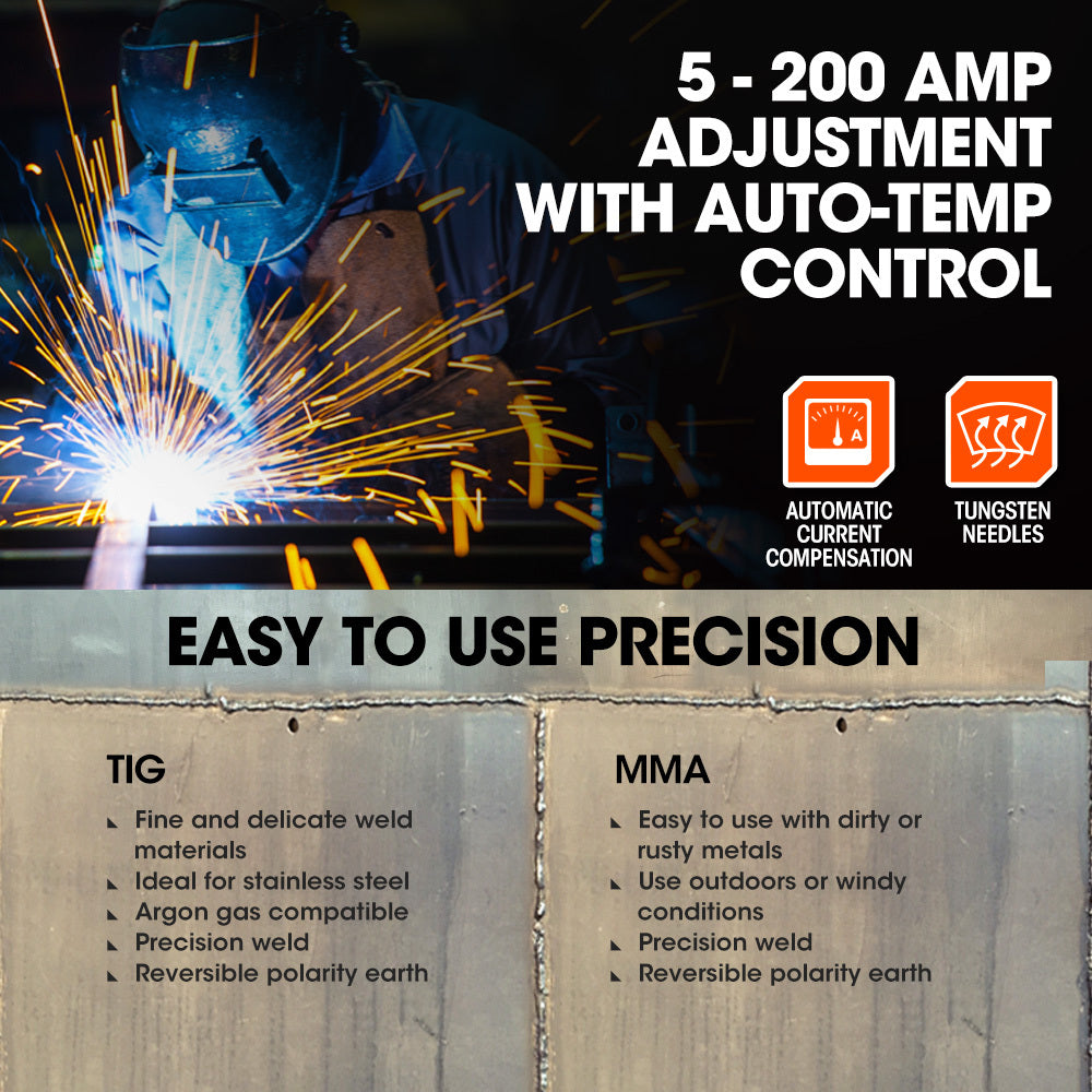 Rossi NextGen TIG/MMA 200A Welder | TIG-200 | Argon Gas | HF Start | Regulator Included