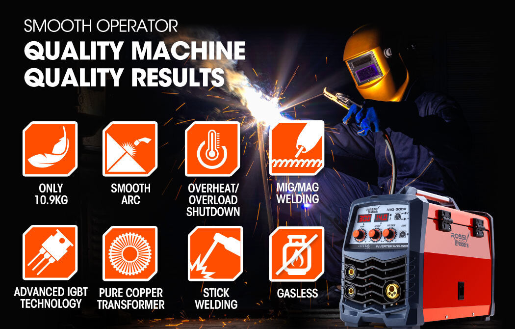 Rossi 300A MIG Stick Welder | Portable DC Gas Gasless Inverter Welding Machine | 15A Plug
