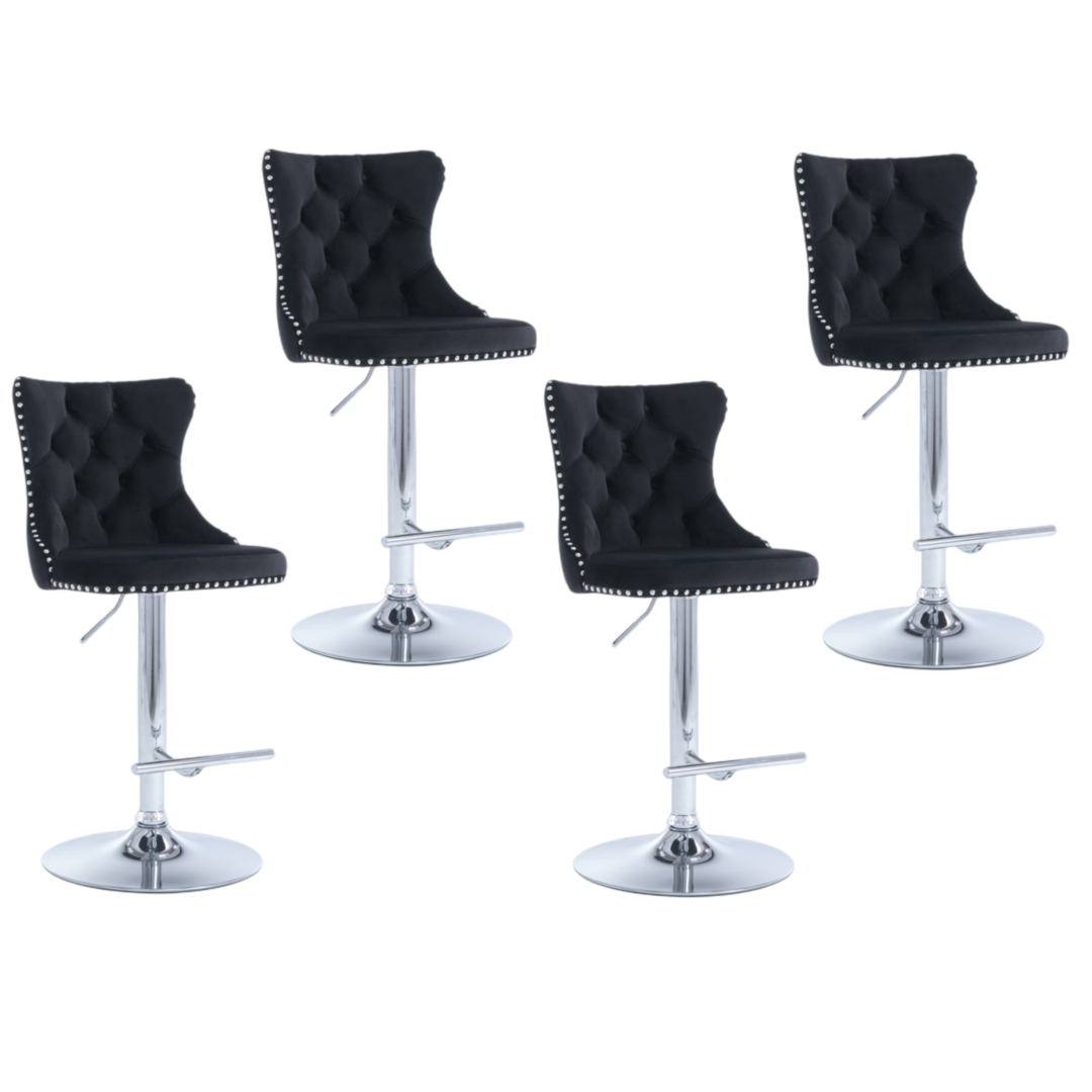 4x Height Adjustable Swivel Bar Stool | Velvet Studs | Barstool with Footrest | Chromed Base | Black