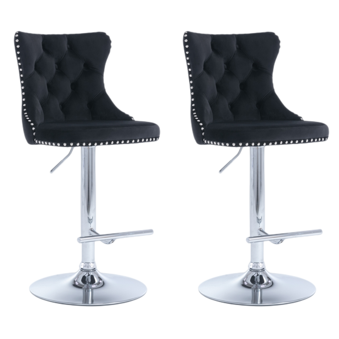 4x Height Adjustable Swivel Bar Stool | Velvet Studs | Barstool with Footrest | Chromed Base | Black