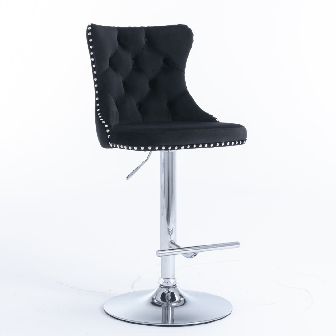 4x Height Adjustable Swivel Bar Stool | Velvet Studs | Barstool with Footrest | Chromed Base | Black