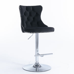 4x Height Adjustable Swivel Bar Stool | Velvet Studs | Barstool with Footrest | Chromed Base | Black