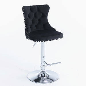 4x Height Adjustable Swivel Bar Stool | Velvet Studs | Barstool with Footrest | Chromed Base | Black