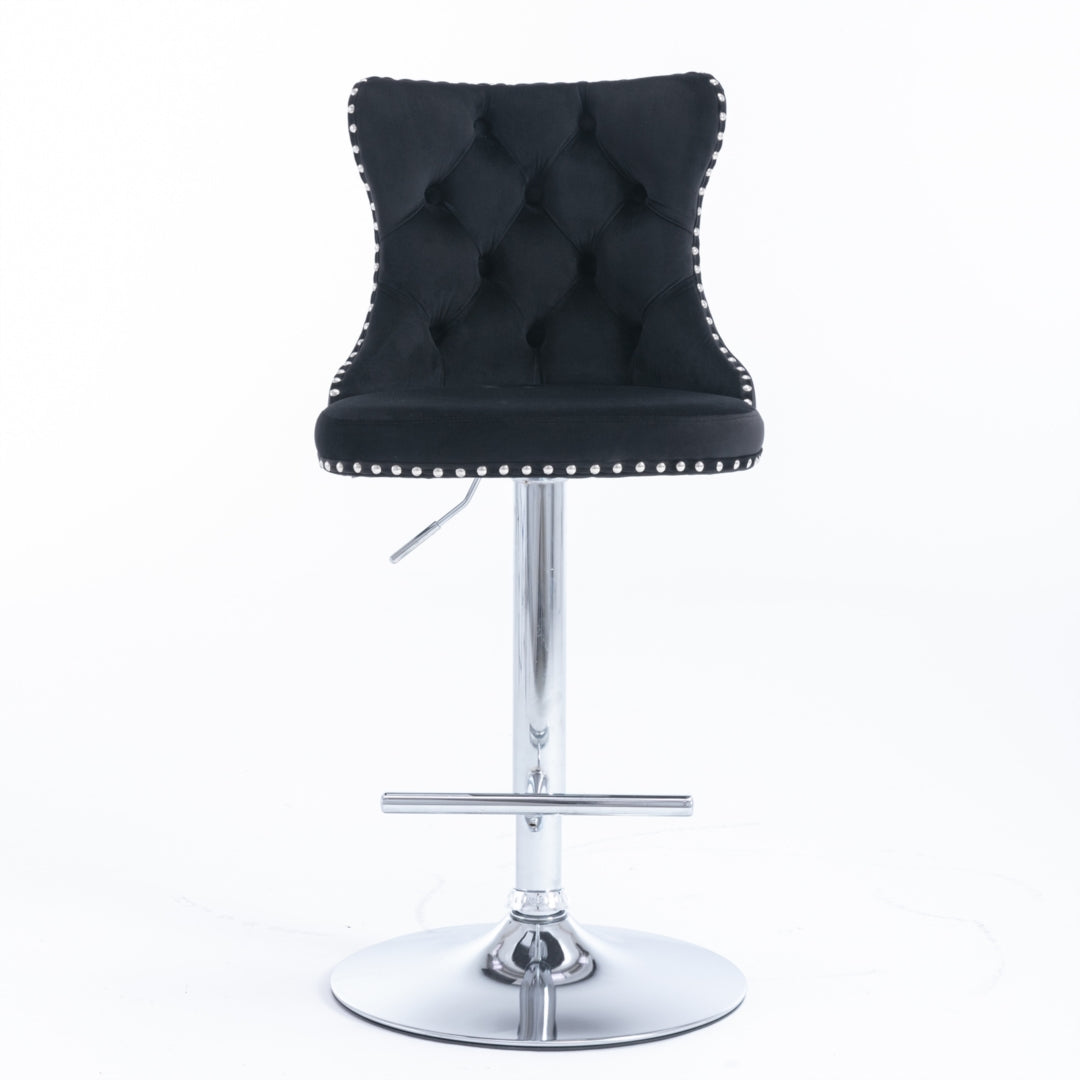 4x Height Adjustable Swivel Bar Stool | Velvet Studs | Barstool with Footrest | Chromed Base | Black