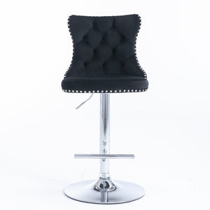 4x Height Adjustable Swivel Bar Stool | Velvet Studs | Barstool with Footrest | Chromed Base | Black