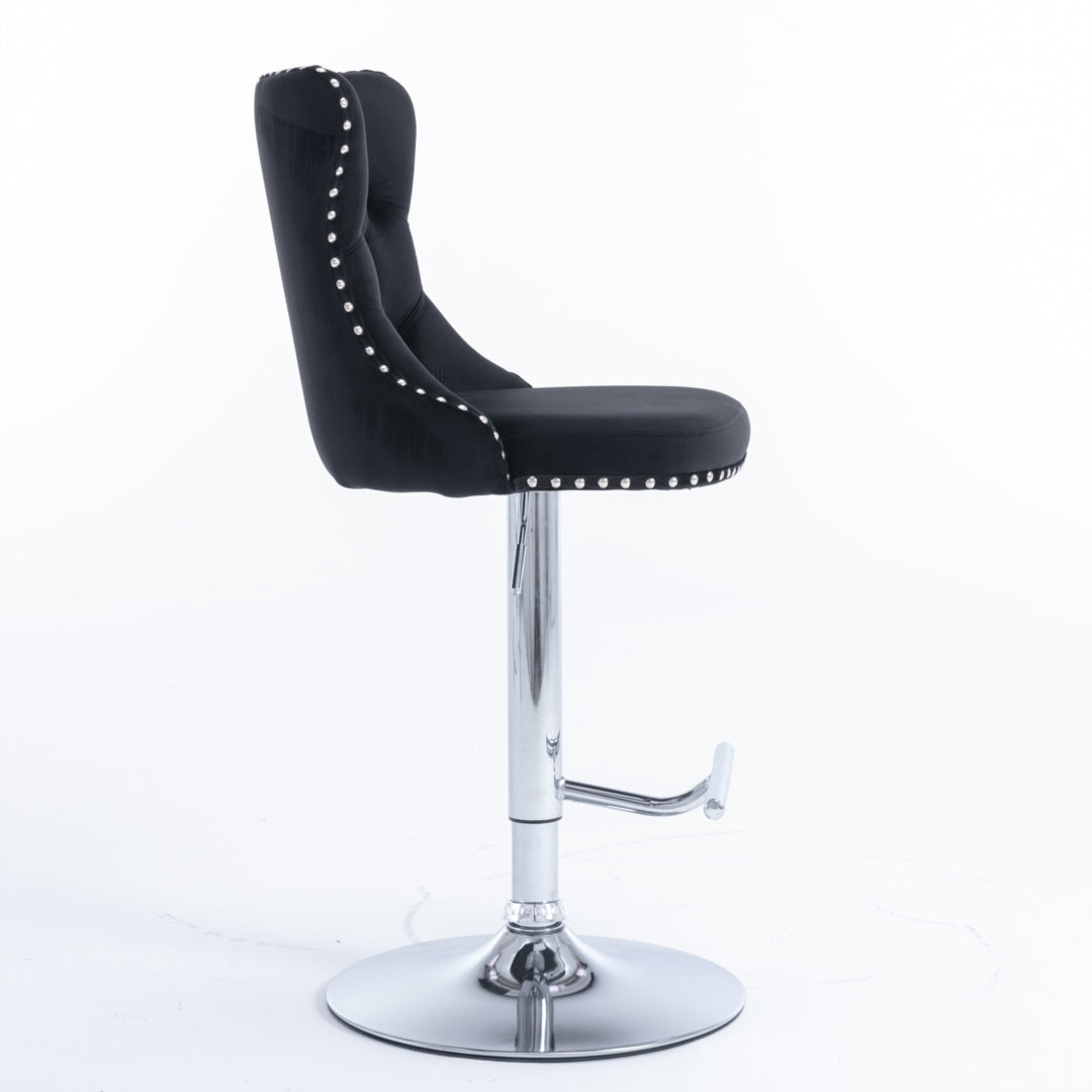 4x Height Adjustable Swivel Bar Stool | Velvet Studs | Barstool with Footrest | Chromed Base | Black