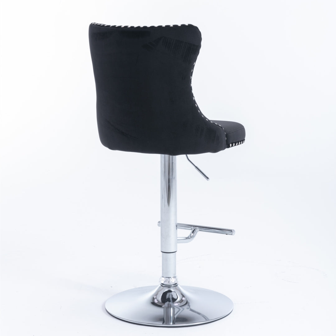 4x Height Adjustable Swivel Bar Stool | Velvet Studs | Barstool with Footrest | Chromed Base | Black