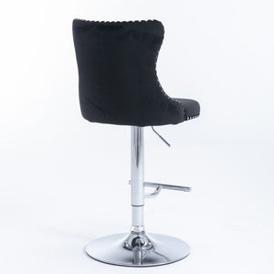 4x Height Adjustable Swivel Bar Stool | Velvet Studs | Barstool with Footrest | Chromed Base | Black