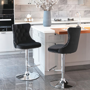 4x Height Adjustable Swivel Bar Stool | Velvet Studs | Barstool with Footrest | Chromed Base | Black