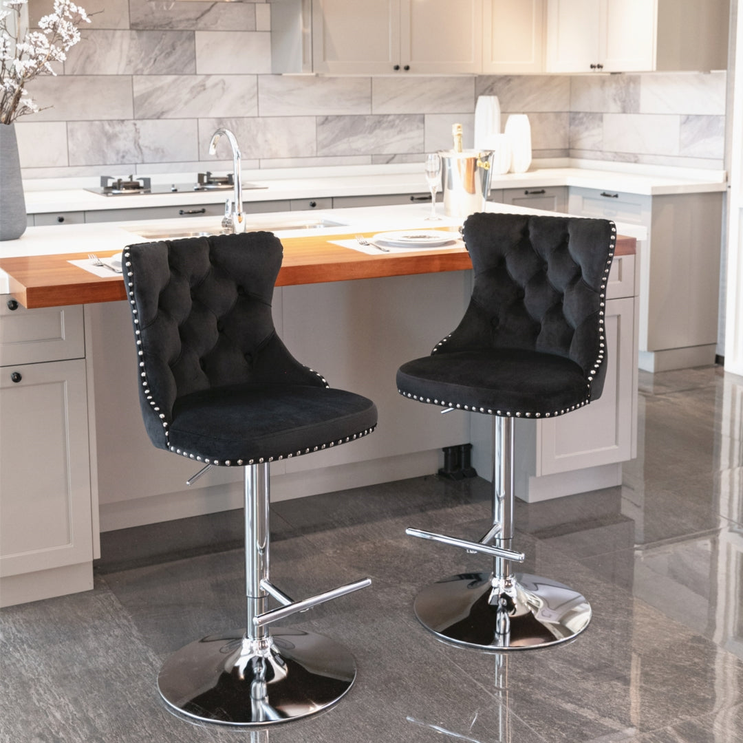 4x Height Adjustable Swivel Bar Stool | Velvet Studs | Barstool with Footrest | Chromed Base | Black