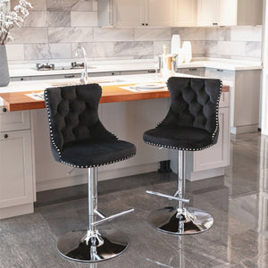 4x Height Adjustable Swivel Bar Stool | Velvet Studs | Barstool with Footrest | Chromed Base | Black