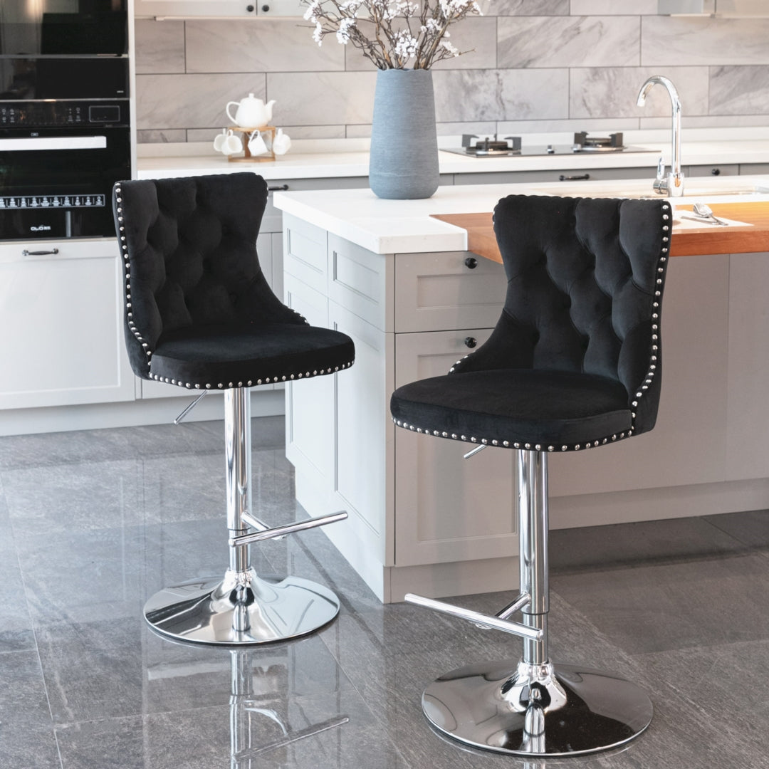4x Height Adjustable Swivel Bar Stool | Velvet Studs | Barstool with Footrest | Chromed Base | Black