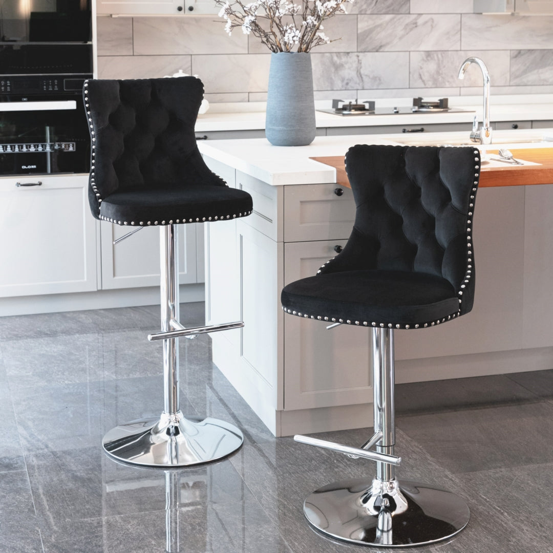 4x Height Adjustable Swivel Bar Stool | Velvet Studs | Barstool with Footrest | Chromed Base | Black