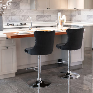 4x Height Adjustable Swivel Bar Stool | Velvet Studs | Barstool with Footrest | Chromed Base | Black