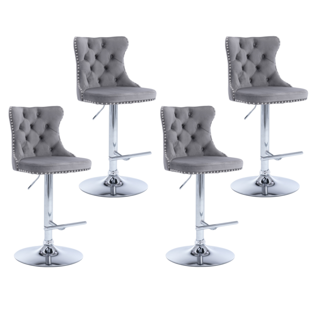 4x Height Adjustable Swivel Bar Stool | Velvet Studs | Barstool with Footrest | Chromed Base | Gray