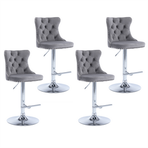 4x Height Adjustable Swivel Bar Stool | Velvet Studs | Barstool with Footrest | Chromed Base | Gray
