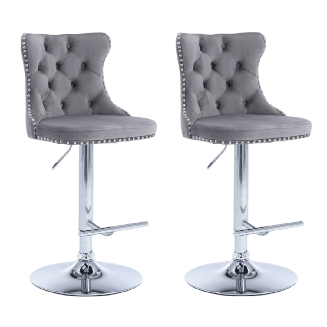 4x Height Adjustable Swivel Bar Stool | Velvet Studs | Barstool with Footrest | Chromed Base | Gray