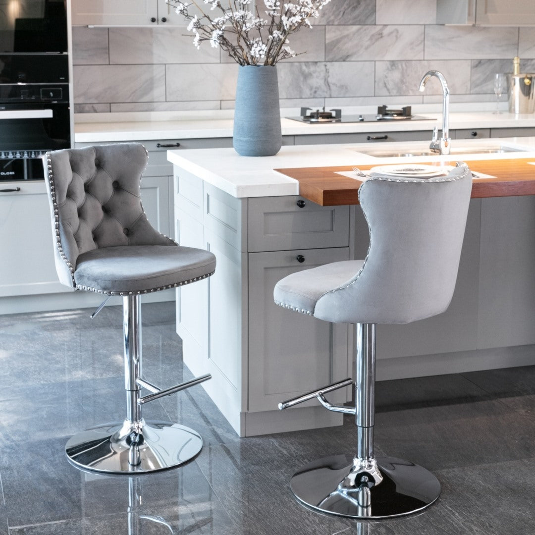 4x Height Adjustable Swivel Bar Stool | Velvet Studs | Barstool with Footrest | Chromed Base | Gray
