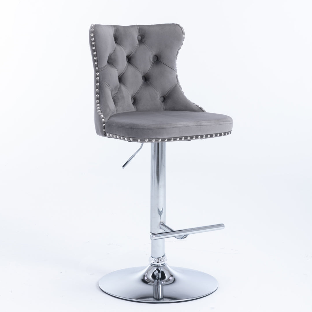 4x Height Adjustable Swivel Bar Stool | Velvet Studs | Barstool with Footrest | Chromed Base | Gray