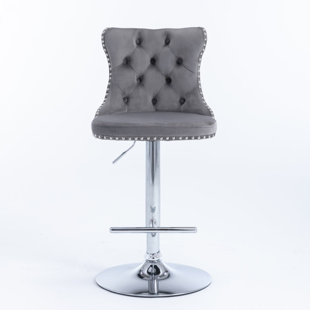4x Height Adjustable Swivel Bar Stool | Velvet Studs | Barstool with Footrest | Chromed Base | Gray
