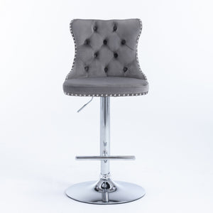 4x Height Adjustable Swivel Bar Stool | Velvet Studs | Barstool with Footrest | Chromed Base | Gray