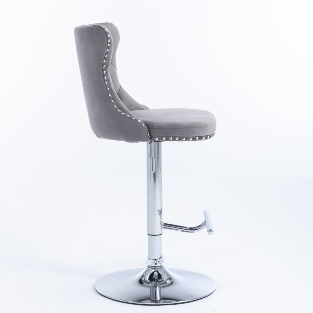 4x Height Adjustable Swivel Bar Stool | Velvet Studs | Barstool with Footrest | Chromed Base | Gray
