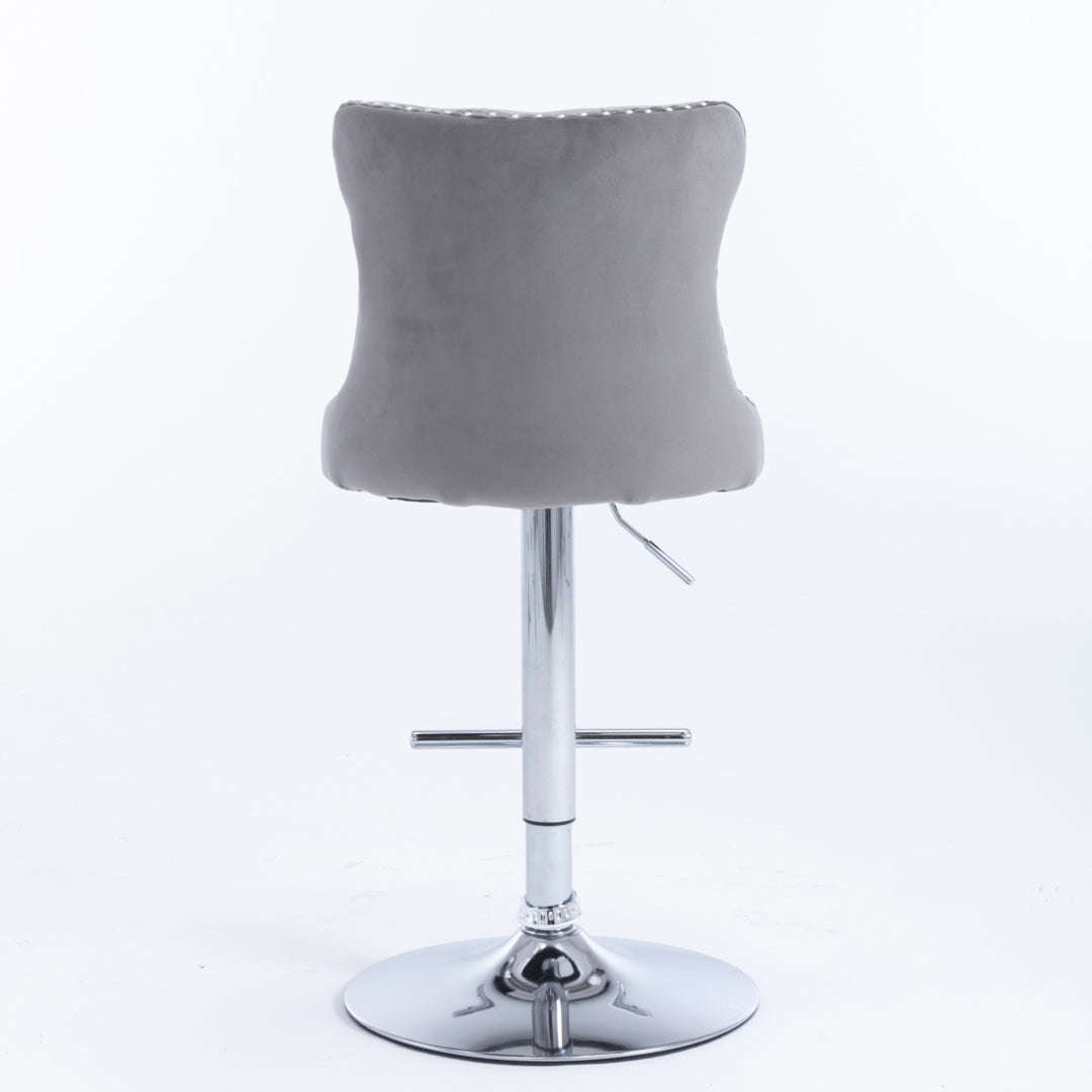 4x Height Adjustable Swivel Bar Stool | Velvet Studs | Barstool with Footrest | Chromed Base | Gray