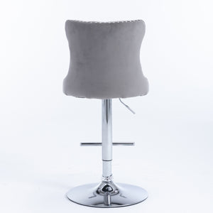 4x Height Adjustable Swivel Bar Stool | Velvet Studs | Barstool with Footrest | Chromed Base | Gray