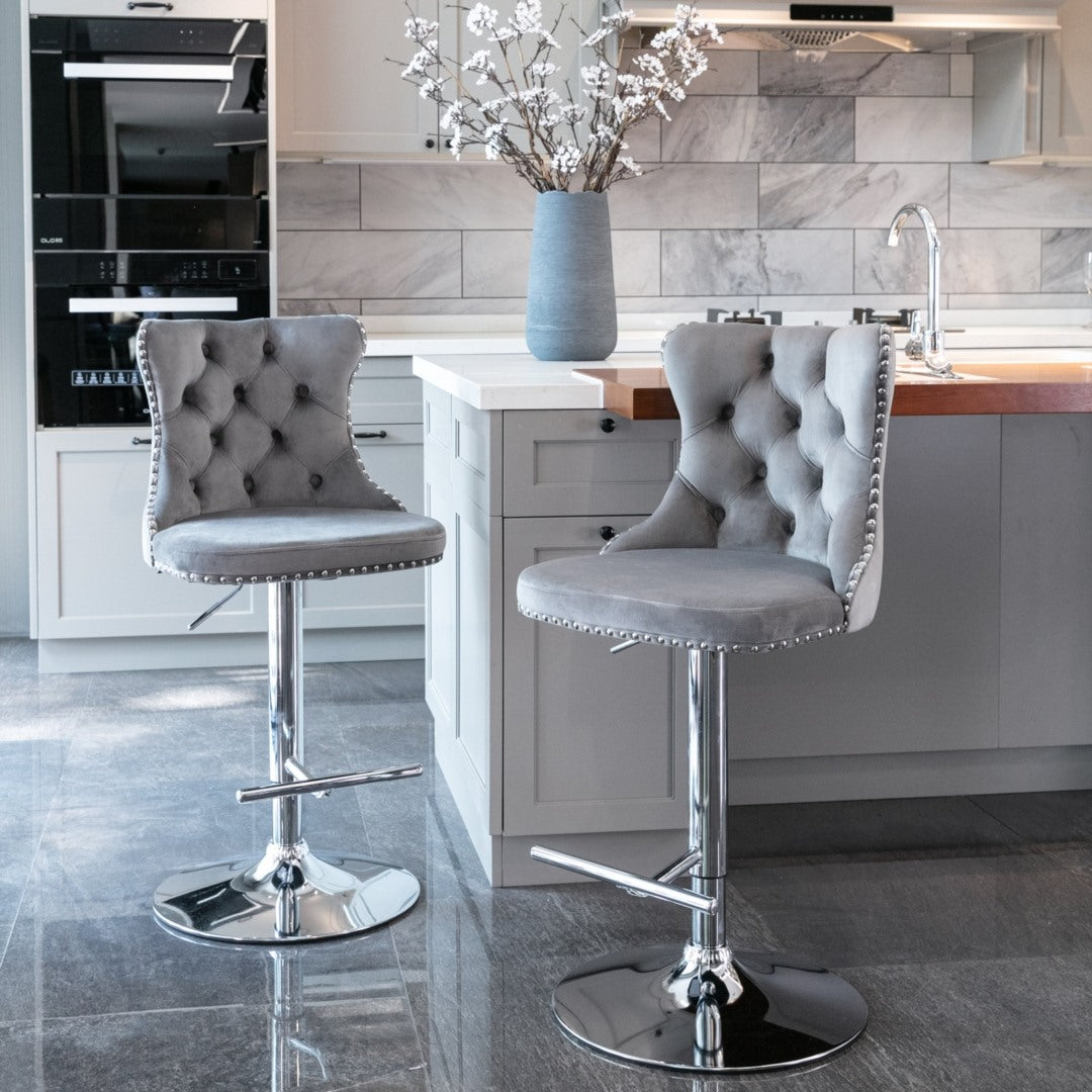 4x Height Adjustable Swivel Bar Stool | Velvet Studs | Barstool with Footrest | Chromed Base | Gray