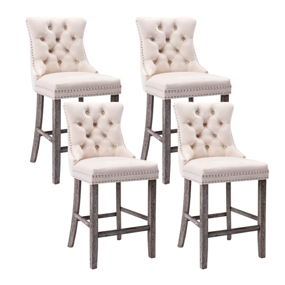 4x Velvet Bar Stools | Studs Trim | Wooden Legs | Tufted Dining Chairs | Kitchen