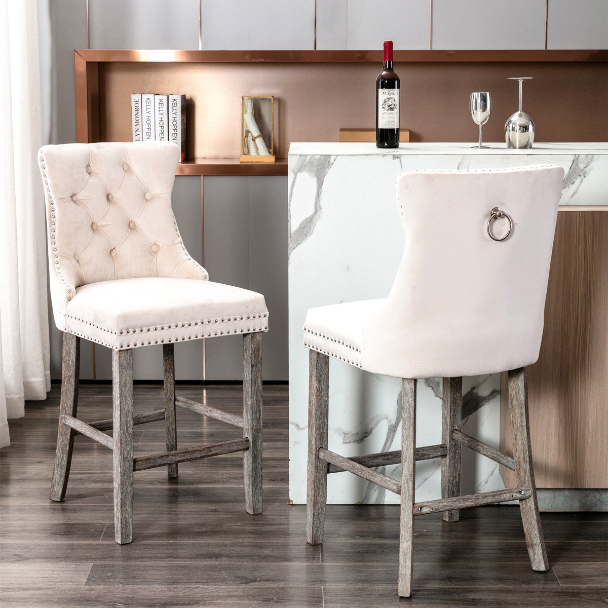 4x Velvet Bar Stools | Studs Trim | Wooden Legs | Tufted Dining Chairs | Kitchen