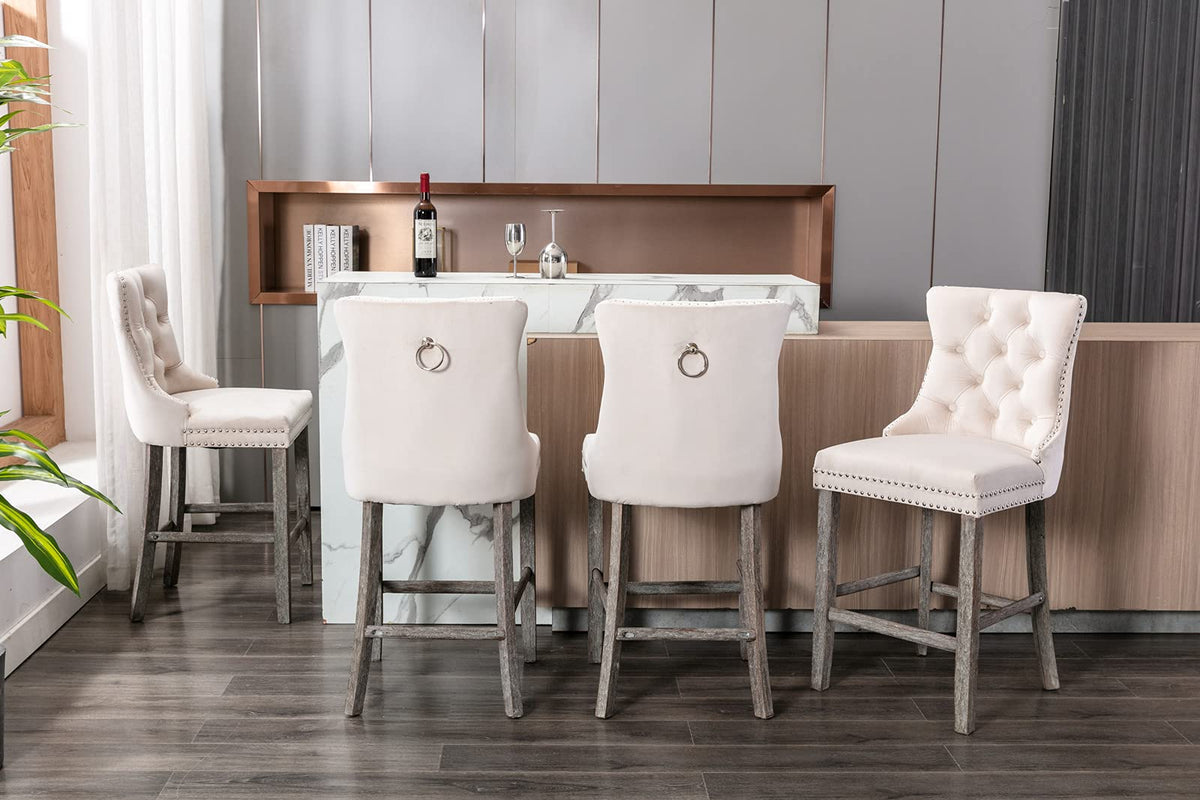 4x Velvet Bar Stools | Studs Trim | Wooden Legs | Tufted Dining Chairs | Kitchen