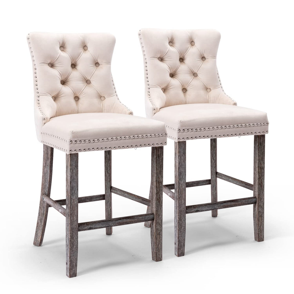 4x Velvet Bar Stools | Studs Trim | Wooden Legs | Tufted Dining Chairs | Kitchen