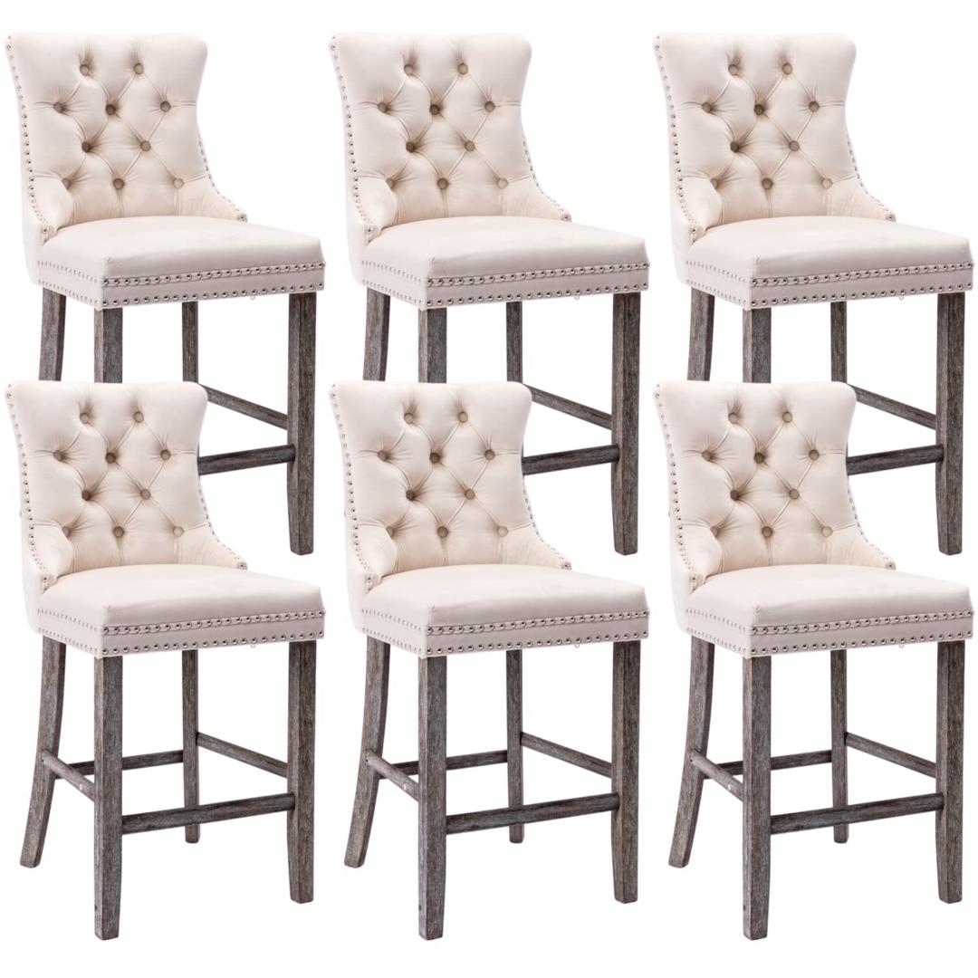 6x Velvet Bar Stools with Studs Trim | Wooden Legs | Tufted Dining Chairs | Kitchen
