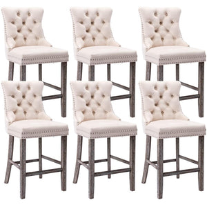 6x Velvet Bar Stools with Studs Trim | Wooden Legs | Tufted Dining Chairs | Kitchen
