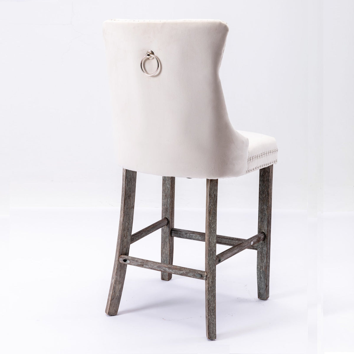 6x Velvet Bar Stools with Studs Trim | Wooden Legs | Tufted Dining Chairs | Kitchen