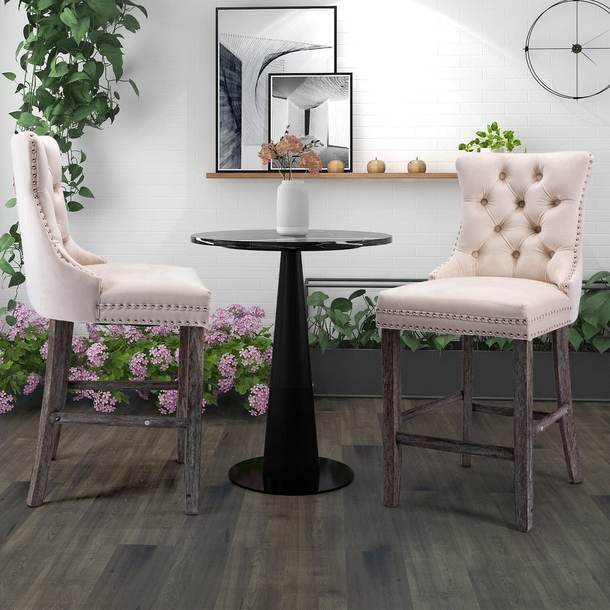 6x Velvet Bar Stools with Studs Trim | Wooden Legs | Tufted Dining Chairs | Kitchen