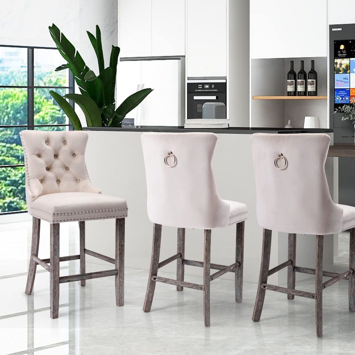 6x Velvet Bar Stools with Studs Trim | Wooden Legs | Tufted Dining Chairs | Kitchen