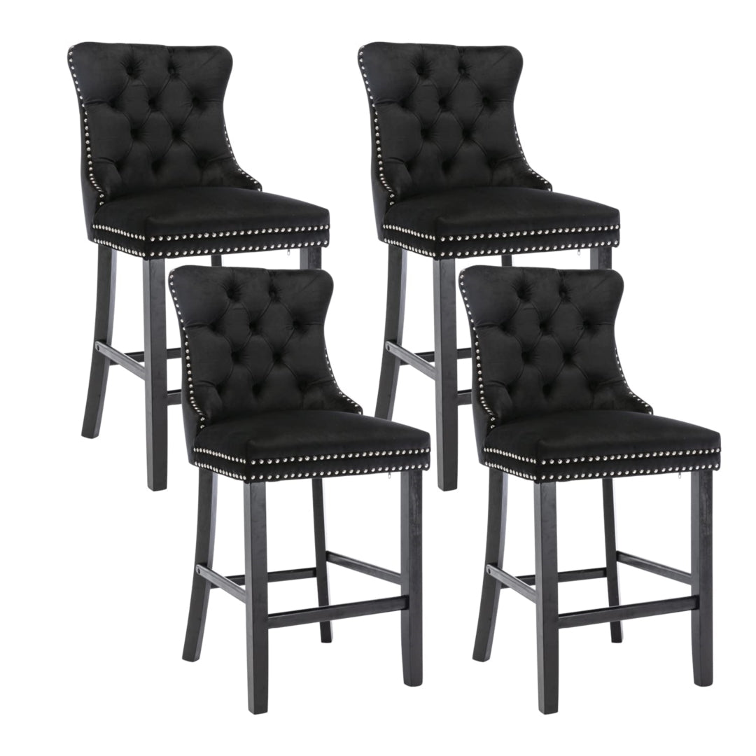 4x Velvet Bar Stools | Studs Trim | Wooden Legs | Tufted Dining Chairs | Kitchen